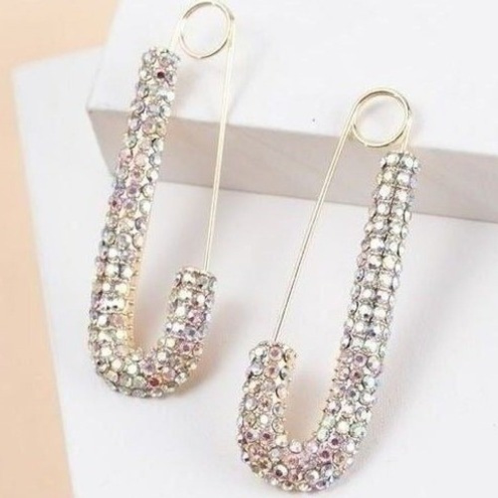 Boutique Safety Pin Earrings Womens OS Gold New Iridescent Rhinestone Statement